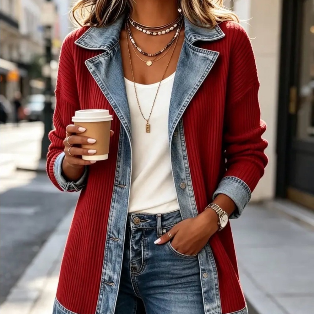 Red Ribbed Knit Jacket with Denim Trim